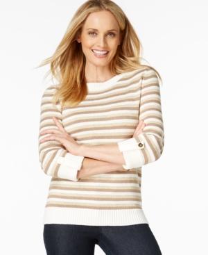 Karen Scott Petite Cuffed-sleeve Striped Sweater, Only At Macy's