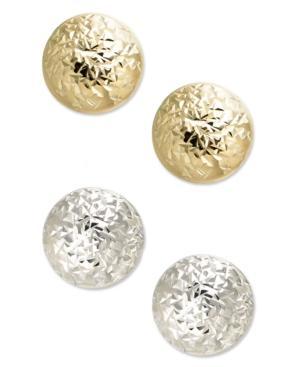10k Gold And White Gold Earrings, Diamond-cut Ball Stud Earrings