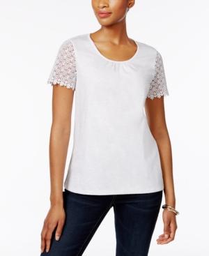 Charter Club Petite Cotton Crochet-sleeve Top, Created For Macy's