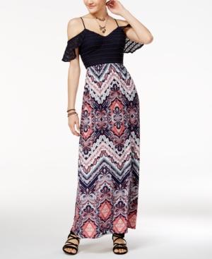 Trixxi Juniors' Cold-shoulder Printed Maxi Dress