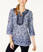 Charter Club Printed Embroidered Linen Tunic, Only At Macy's