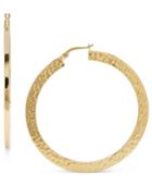 14k Gold Earrings, Large Flat Hammered Hoop