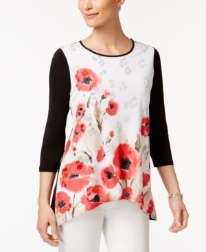 Alfred Dunner Petite Watercolor-floral Handkerchief-hem Top