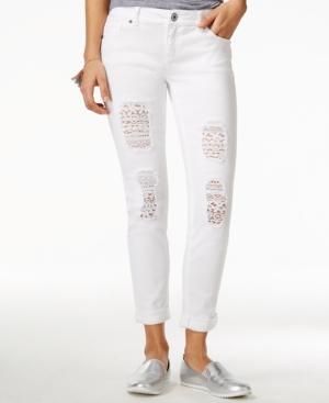 Vanilla Star Juniors' Lace-trim Ripped Cuffed Cropped White Jeans