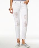 Vanilla Star Juniors' Lace-trim Ripped Cuffed Cropped White Jeans
