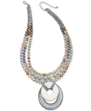 Two-tone Wood And Stone Beaded Three-layer Pendant Necklace