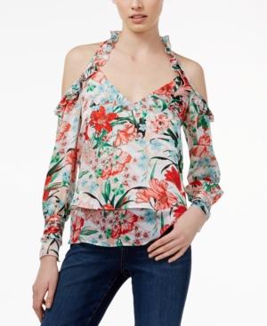 Xoxo Juniors' Printed Ruffle-trim Cold-shoulder Top