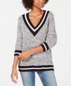Freshman Juniors' Stripe-trimmed Marled Sweater