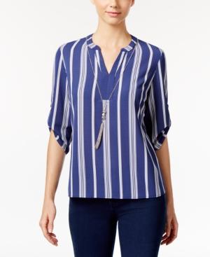 Ny Collection Petite Striped Crepe Top With Necklace