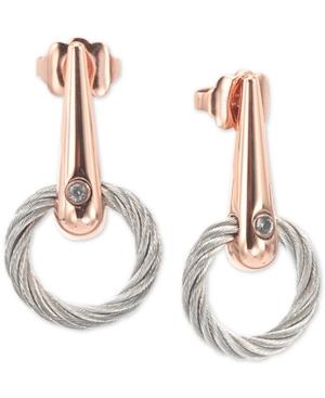 Charriol White Topaz Accent Circle Drop Earrings In Pvd Stainless Steel & Rose Gold-tone