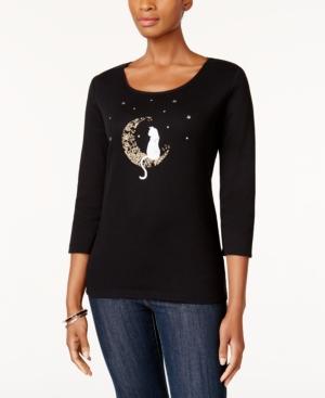 Karen Scott Cotton Embellished Cat Top, Created For Macy's