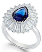 Dark Blue Glass Stone & Cubic Zirconia Halo Ring In Sterling Silver