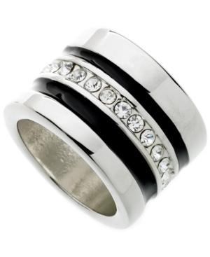 Guess Ring, Silver-tone Crystal And Black Enamel Band