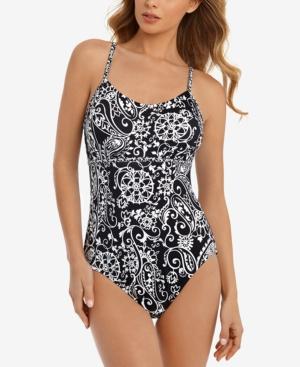 Swim Solutions Sport Printed Lattice Racerback Tummy-control One-piece Swimsuit Women's Swimsuit