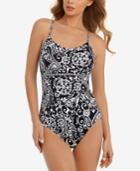 Swim Solutions Sport Printed Lattice Racerback Tummy-control One-piece Swimsuit Women's Swimsuit
