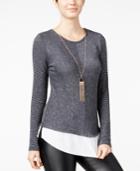 Bcx Juniors' Striped Split-back Layered-look Top With Necklace