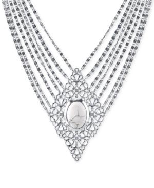 2028 Silver-tone Multi-chain Filigree Stone Collar Necklace