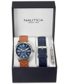 Nautica Men's Interchangeable Tan And Blue Leather Strap Watch Set 44mm Nad15009g