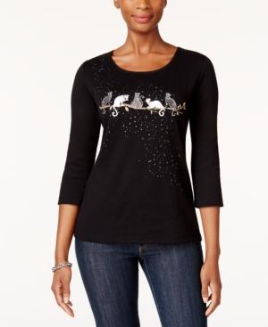 Karen Scott Cotton Embellished Cats Top, Created For Macy's