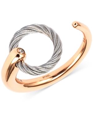 Charriol White Topaz Accent Two-tone Circle Cuff Ring In Stainless Steel And Rose Gold-tone Pvd Stainless Steel