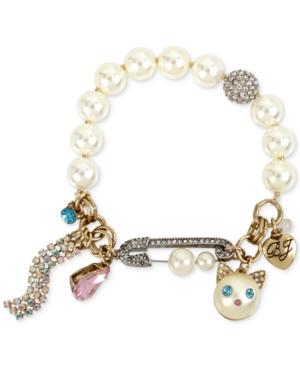 Betsey Johnson Two-tone Multi-stone & Imitation Pearl Cat Charm Stretch Bracelet