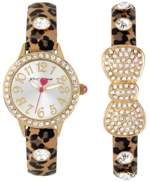Betsey Johnson Women's Brown Leopard Printed Imitation Leather Strap Watch & Bangle Bracelet Set 30mm Bj00536-39
