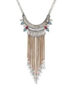Silver-tone Ornate Beaded Faux Suede Fringe Statement Necklace