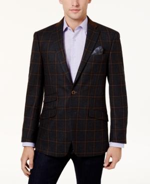 Tallia Men's Slim-fit Charcoal/light Brown Windowpane Sport Coat
