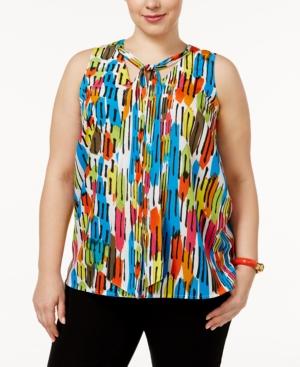Kasper Plus Size Graphic-print Tie-neck Top