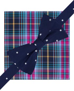 Tommy Hilfiger Dot And Plaid Pre-tied Bow Tie And Pocket Square Set