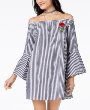 Ultra Flirt Juniors' Striped Embroidered Off-the-shoulder Shift Dress