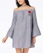 Ultra Flirt Juniors' Striped Embroidered Off-the-shoulder Shift Dress