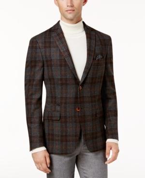 Tallia Men's Slim-fit Gray/orange Plaid Soft Sport Coat