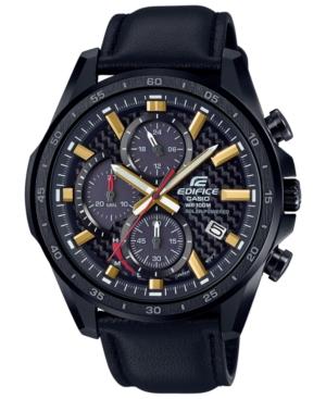 G-shock Men's Solar Chronograph Edifice Black Leather Strap Watch 47.6mm
