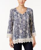 Style & Co Printed Crochet-trim Top, Only At Macy's