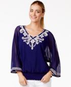 Alfani Sheer-sleeve Embroidered Peasant Top, Only At Macy's