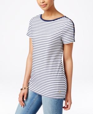 Charter Club Button-detail Textured Stripe Tee, Only At Macy's