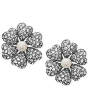 Nina Silver-tone Pave And Imitation Pearl Heart Cluster Stud Earrings