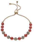 Charter Club Gold-tone Red Imitation Pearl Crystal Slider Bracelet, Created For Macy's
