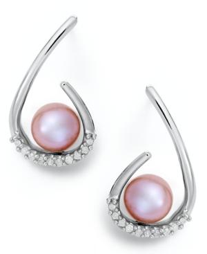 Sterling Silver Earrings, Pink Cultured Freshwater Pearl And Diamond (1/6 Ct. T.w.) Drop Earrings