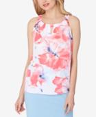 Tahari Asl Petite Floral-print Pleated Keyhole Blouse