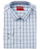 Alfani Men's Fitted Performance Stretch Easy Care Turquoise Grey Large Outline Check Dress Shirt, Only At Macy's