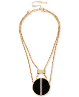 Kenneth Cole New York Gold-tone Faux Leather And Pave Disc Pendant Necklace