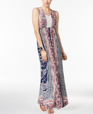 Style & Co Petite Printed Crochet-detail V-neck Maxi Dress, Only At Macy's