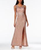 City Studios Juniors' Embellished Glitter Lace Gown With Side Slit
