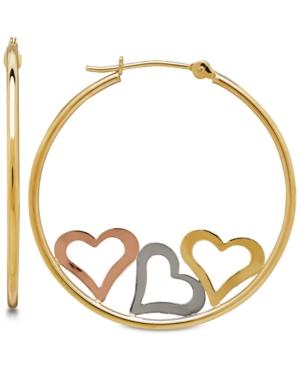 Tri-color Triple Heart Hoop Earrings In 10k Gold, 1 1/8 Inch