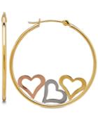 Tri-color Triple Heart Hoop Earrings In 10k Gold, 1 1/8 Inch