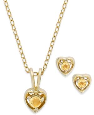 Children's 18k Gold Over Sterling Silver Necklace And Earrings Set, November Birthstone Citrine Heart Pendant And Stud Earrings Set (1/5 Ct. T.w.)