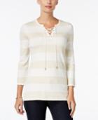 Charter Club Petite Striped Lace-up Sweater, Only At Macy's