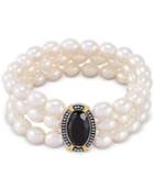 Black Onyx (10 X 8mm) & Cultured Freshwater Pearl (7mm) Three Row Stretch Bracelet In Sterling Silver & 14k Gold-plate
